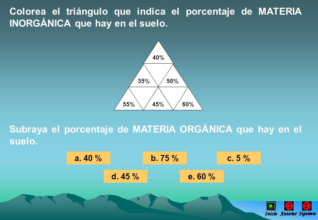 Subraya el porcentaje de MATERIA ORGÁNICA que hay en el suelo.