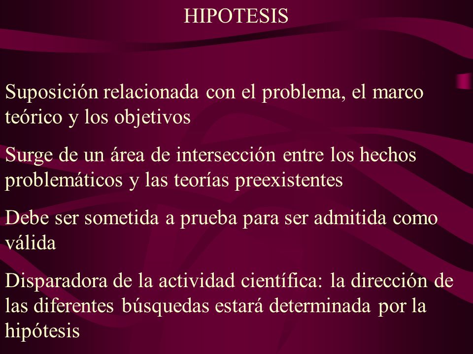 HIPOTESIS Suposición relacionada con el problema, el marco teórico y los objetivos.