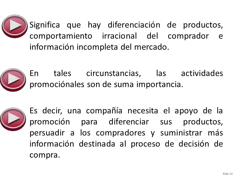 Significa que hay diferenciación de productos, comportamiento irracional del comprador e información incompleta del mercado.
