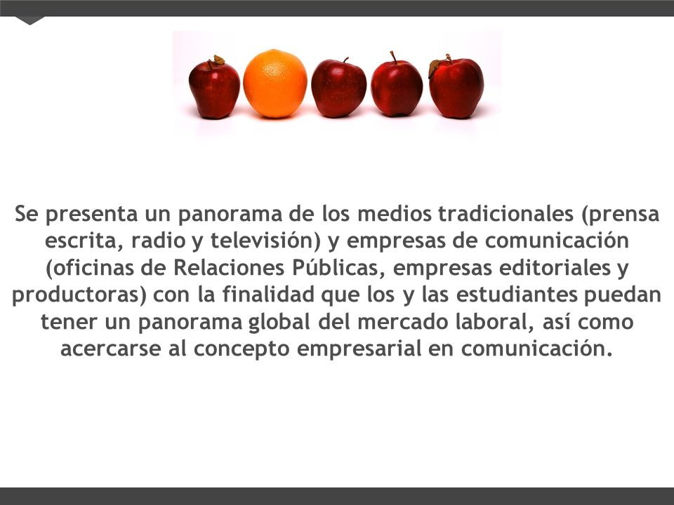 Se presenta un panorama de los medios tradicionales (prensa escrita, radio y televisión) y empresas de comunicación (oficinas de Relaciones Públicas, empresas editoriales y productoras) con la finalidad que los y las estudiantes puedan tener un panorama global del mercado laboral, así como acercarse al concepto empresarial en comunicación.