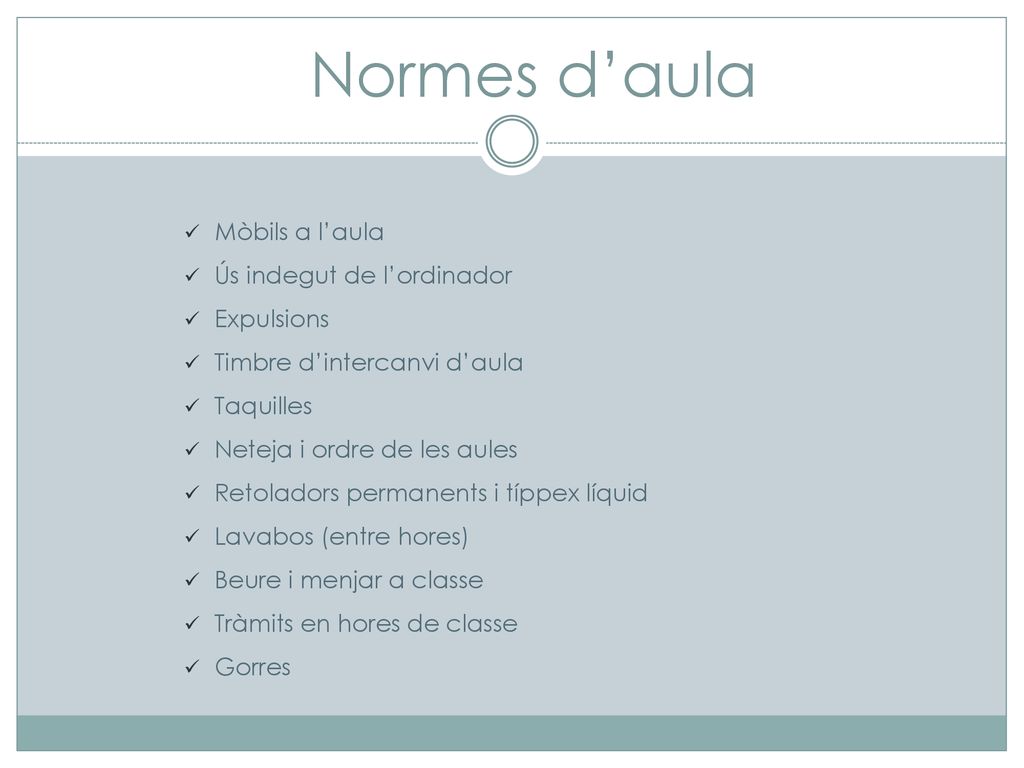Normes d’aula Mòbils a l’aula Ús indegut de l’ordinador Expulsions