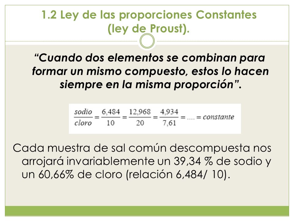 1.2 Ley de las proporciones Constantes (ley de Proust).