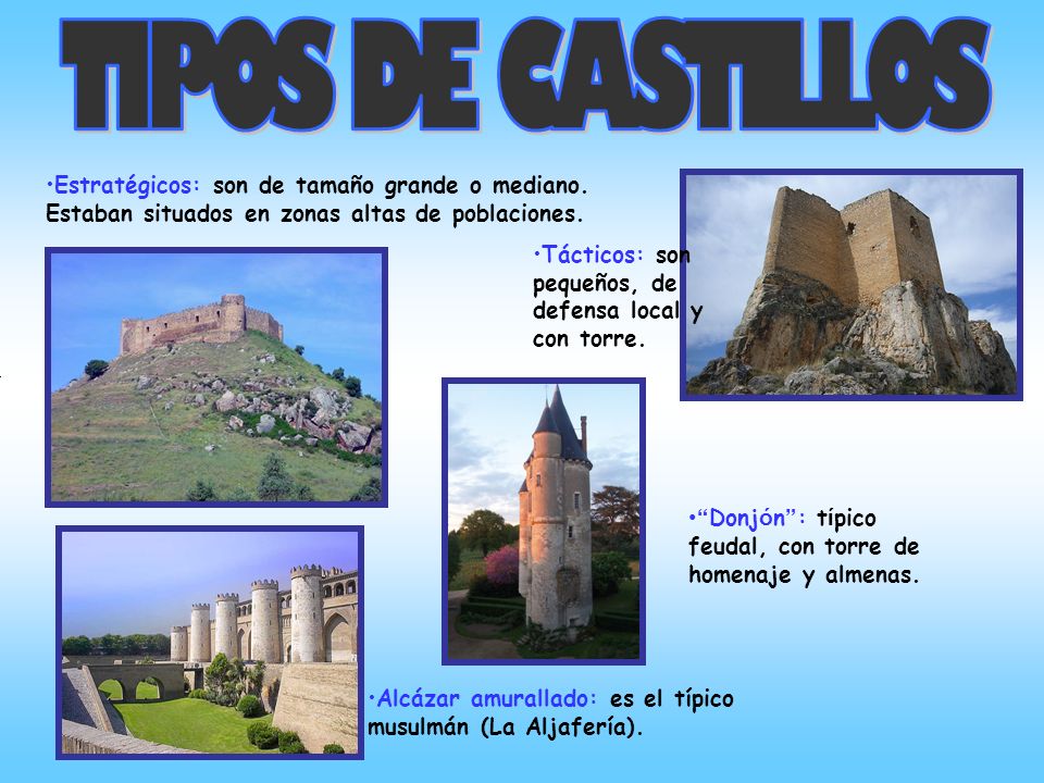 TIPOS DE CASTILLOS Estratégicos: son de tamaño grande o mediano. Estaban situados en zonas altas de poblaciones.