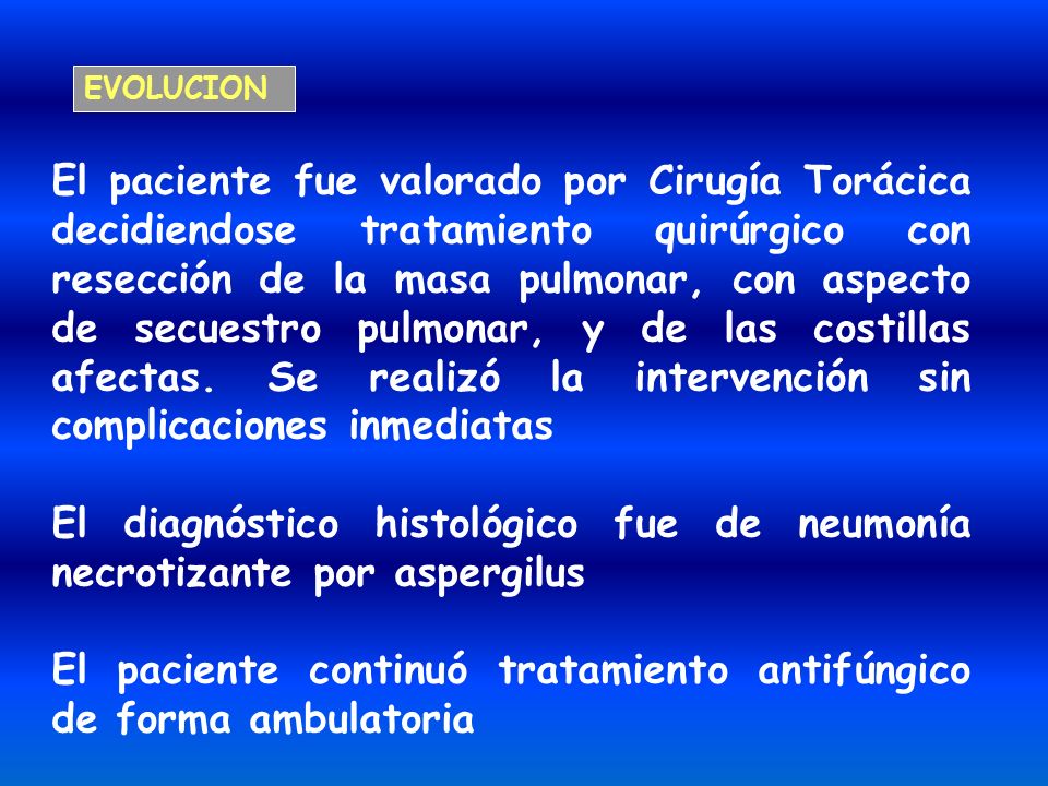 El diagnóstico histológico fue de neumonía necrotizante por aspergilus