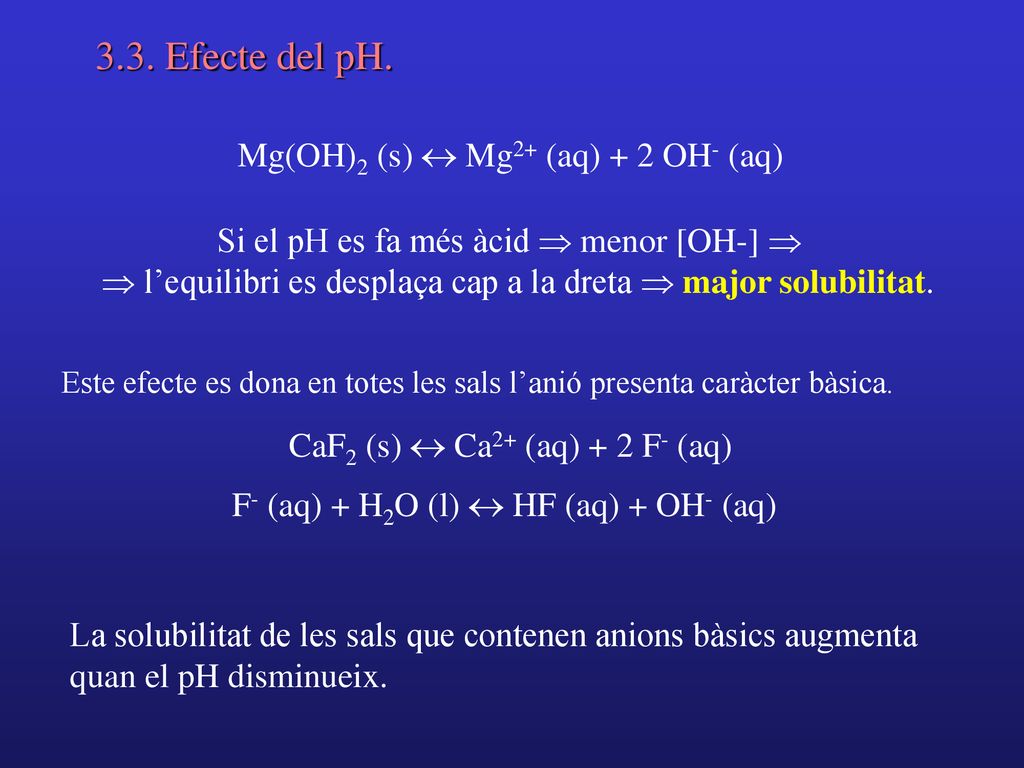 3.3. Efecte del pH. Mg(OH)2 (s) Mg2+ (aq) + 2 OH- (aq)