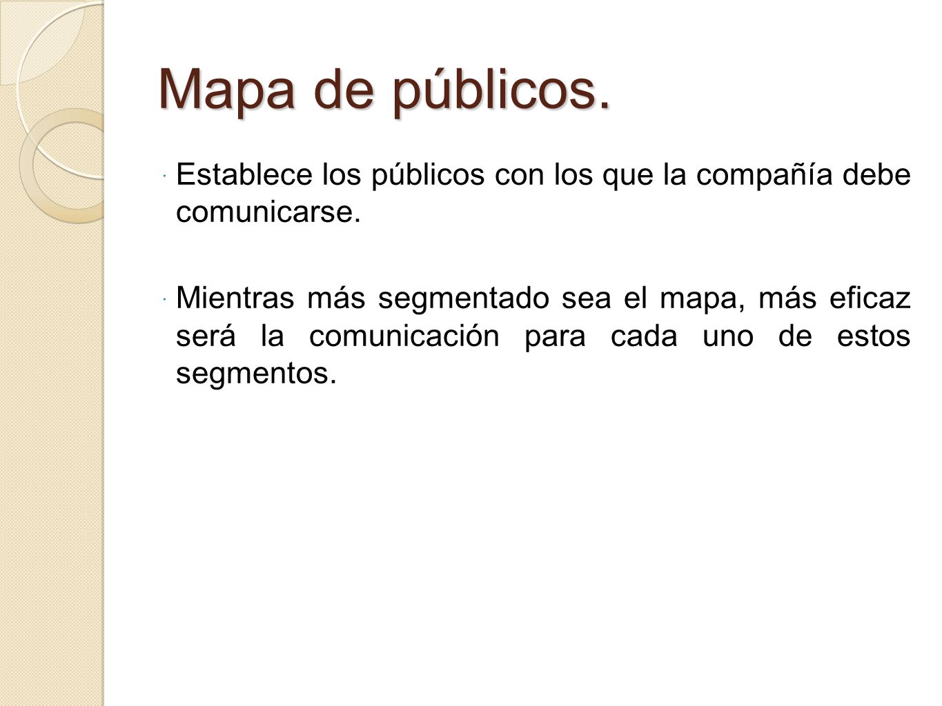 Mapa de públicos. Establece los públicos con los que la compañía debe comunicarse.