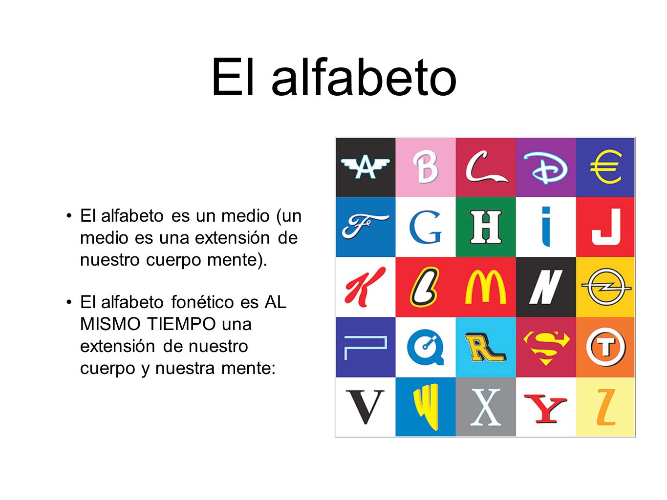 El alfabeto El alfabeto es un medio (un medio es una extensión de nuestro cuerpo mente).