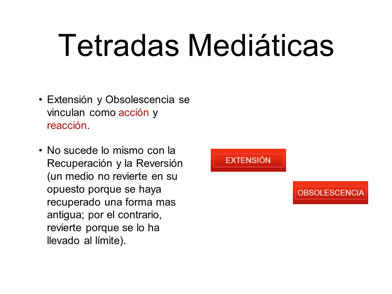 Tetradas Mediáticas Extensión y Obsolescencia se vinculan como acción y reacción.