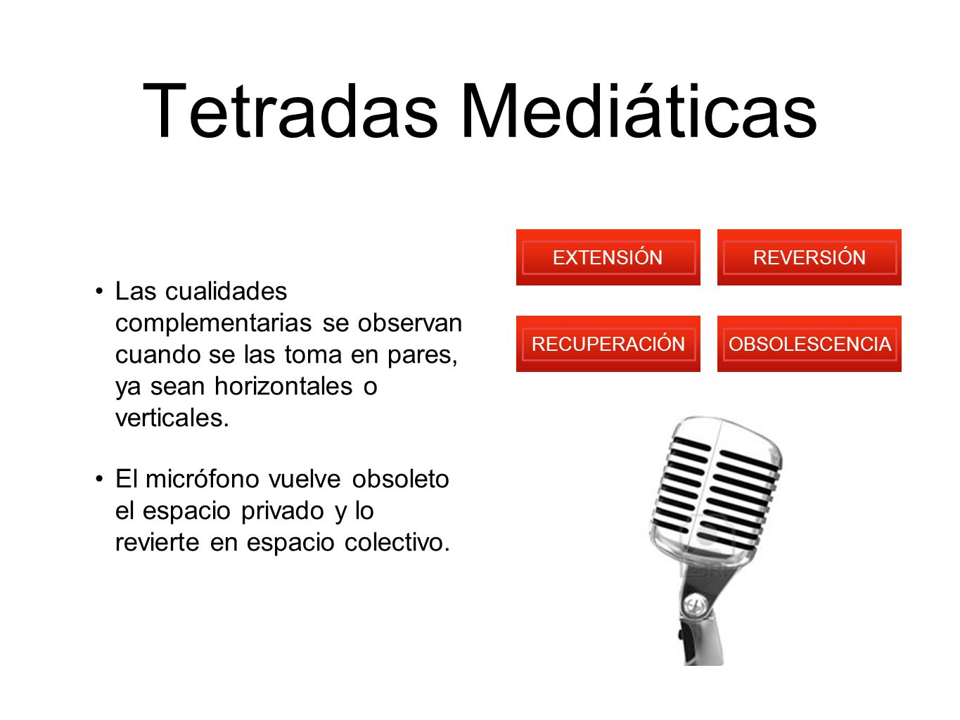 Tetradas Mediáticas Las cualidades complementarias se observan cuando se las toma en pares, ya sean horizontales o verticales.