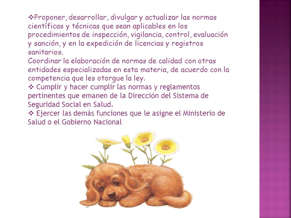 Proponer, desarrollar, divulgar y actualizar las normas científicas y técnicas que sean aplicables en los procedimientos de inspección, vigilancia, control, evaluación y sanción, y en la expedición de licencias y registros sanitarios.