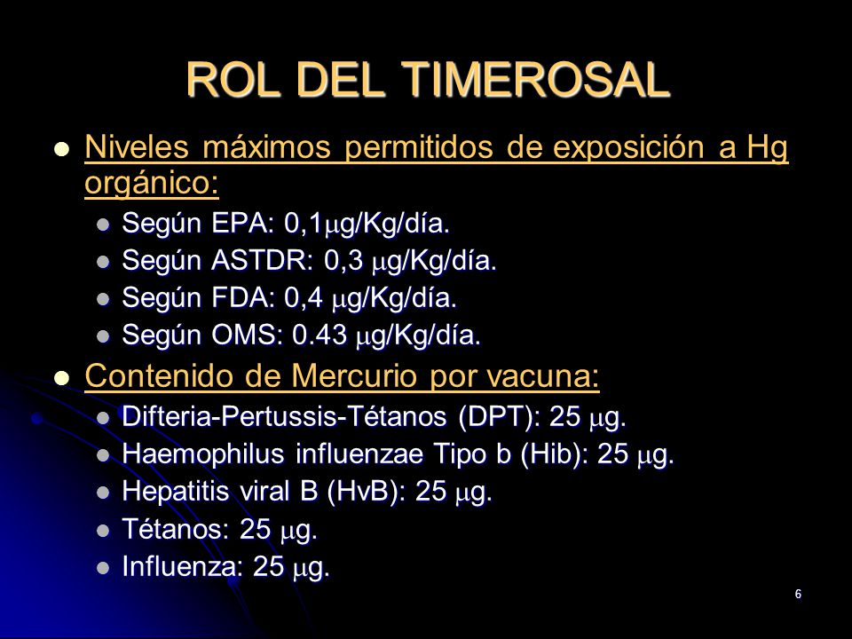ROL DEL TIMEROSAL Niveles máximos permitidos de exposición a Hg orgánico: Según EPA: 0,1g/Kg/día.