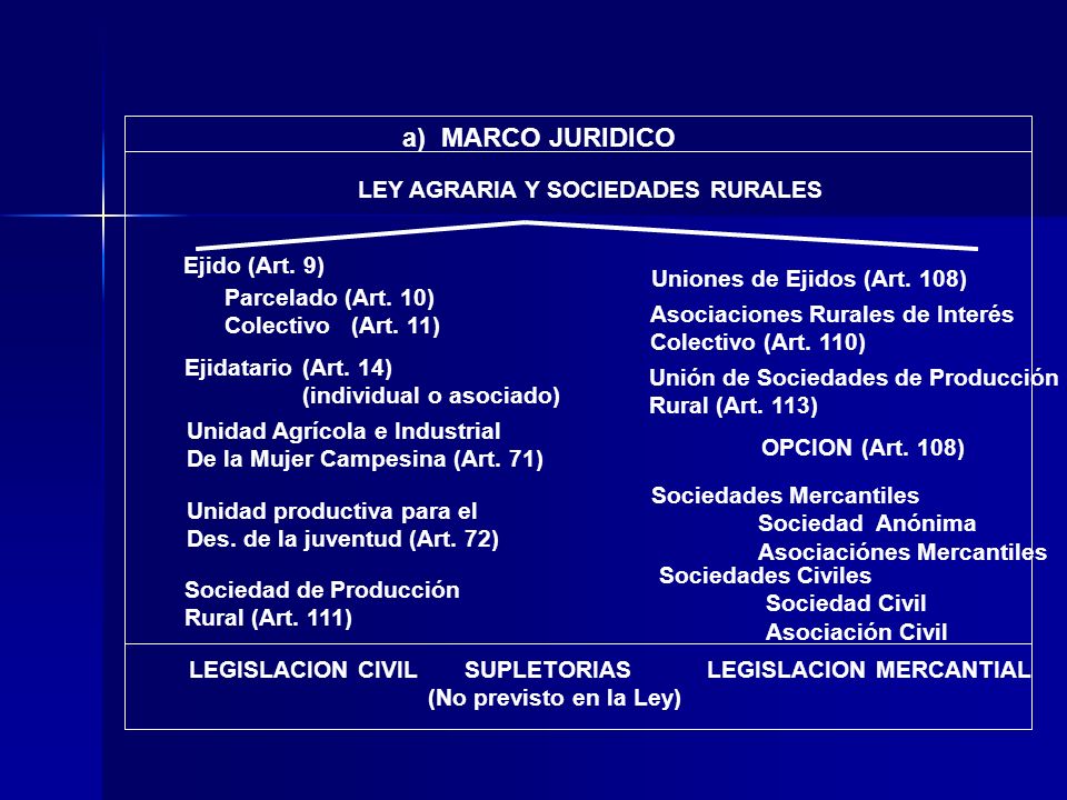 a) MARCO JURIDICO LEY AGRARIA Y SOCIEDADES RURALES Ejido (Art. 9)