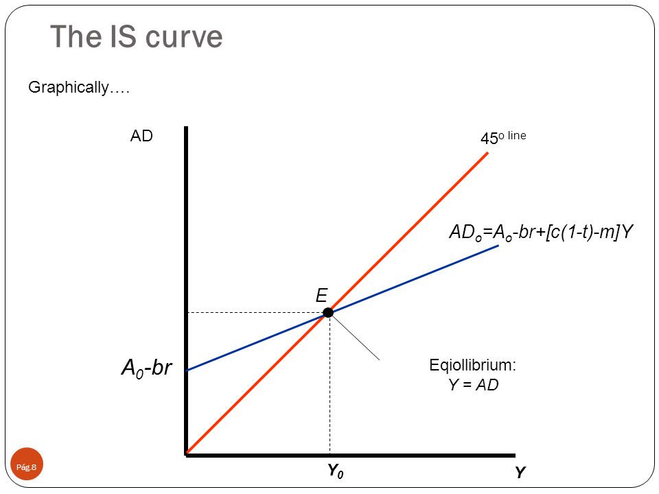 The IS curve A0-br ADo=Ao-br+[c(1-t)-m]Y E Graphically…. AD 45o line