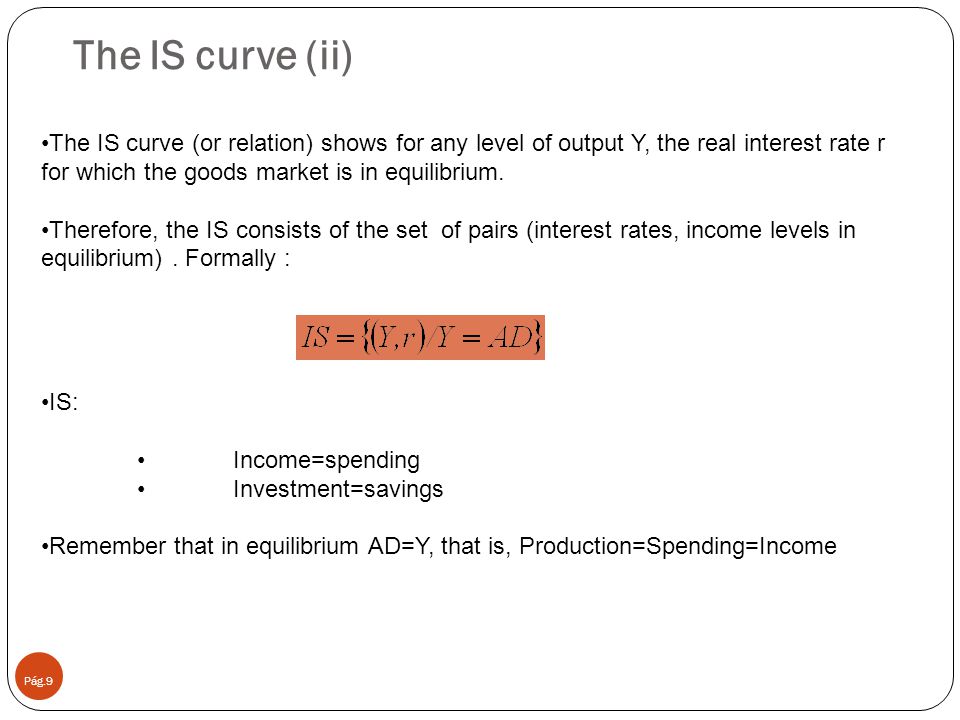 The IS curve (ii) The IS curve (or relation) shows for any level of output Y, the real interest rate r for which the goods market is in equilibrium.