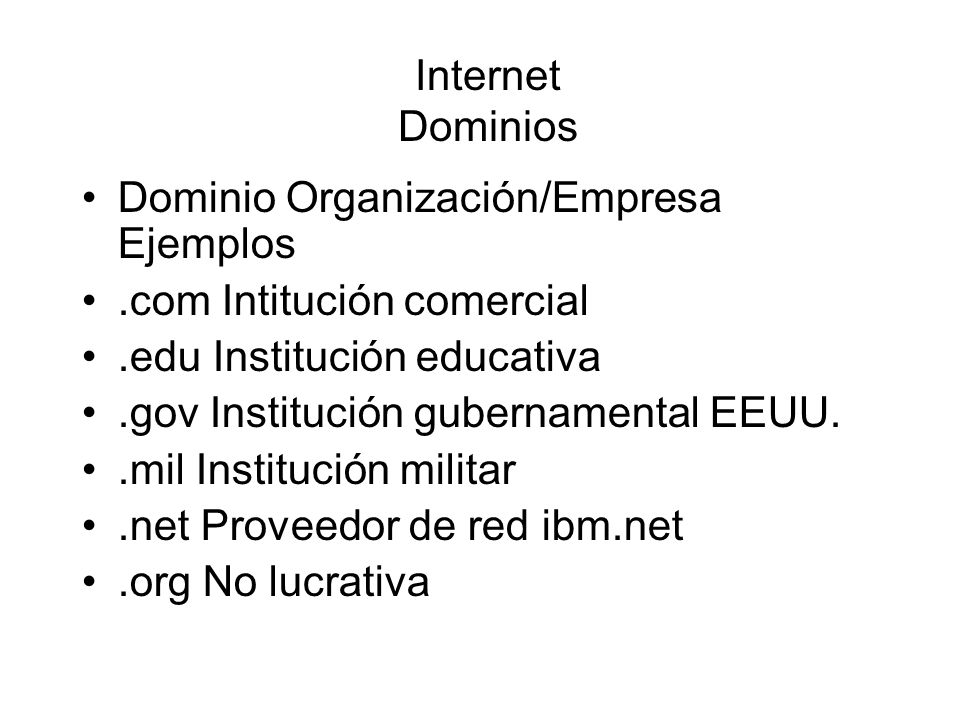 Internet Dominios Dominio Organización/Empresa Ejemplos. .com Intitución comercial. .edu Institución educativa.