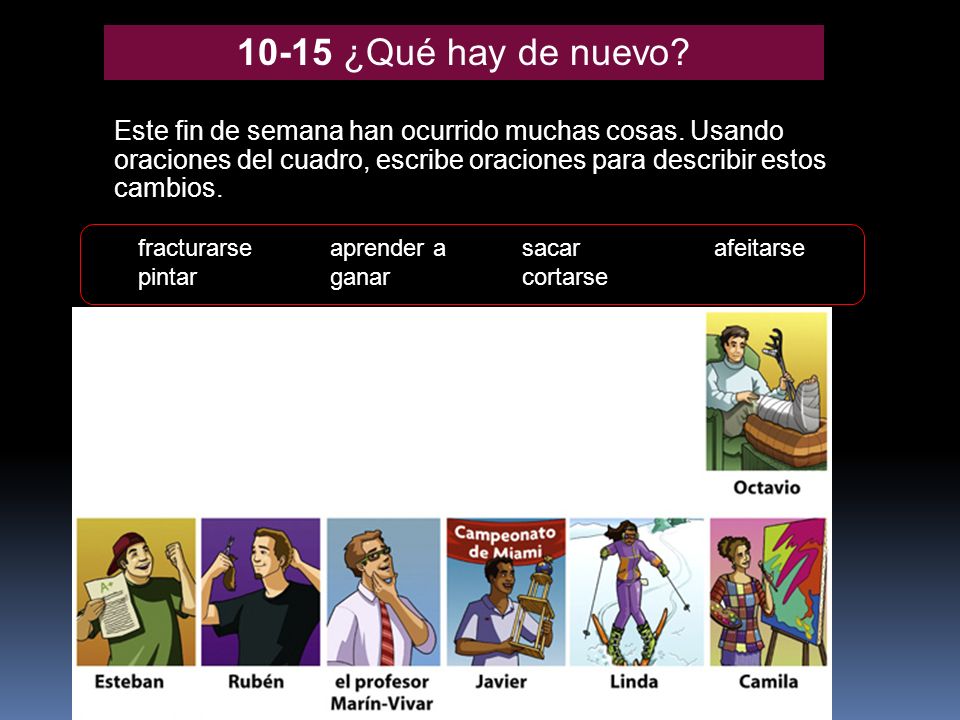 10-15 ¿Qué hay de nuevo Este fin de semana han ocurrido muchas cosas. Usando oraciones del cuadro, escribe oraciones para describir estos cambios.