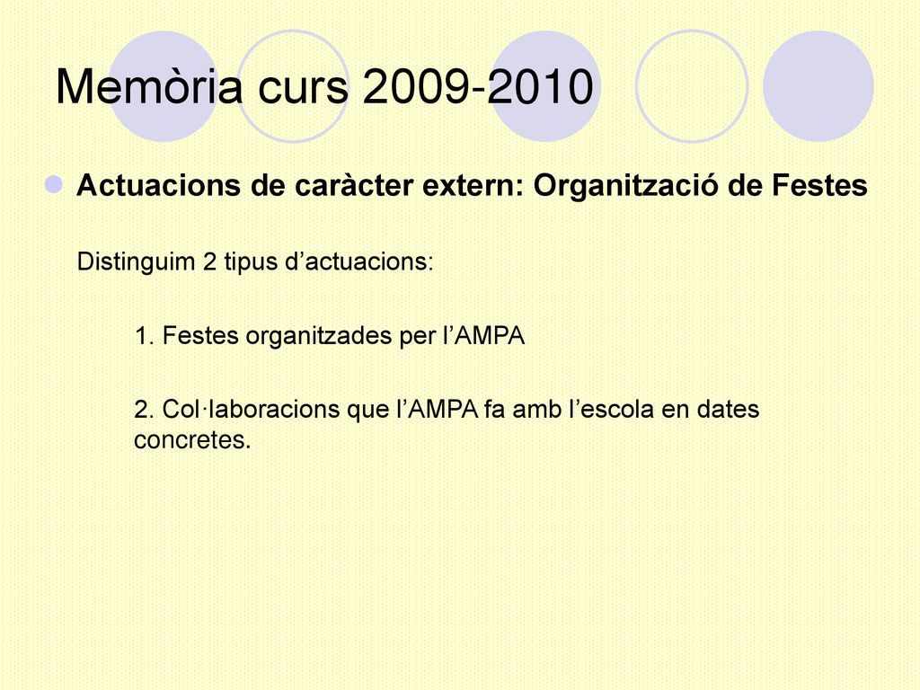 Memòria curs Actuacions de caràcter extern: Organització de Festes. Distinguim 2 tipus d’actuacions: