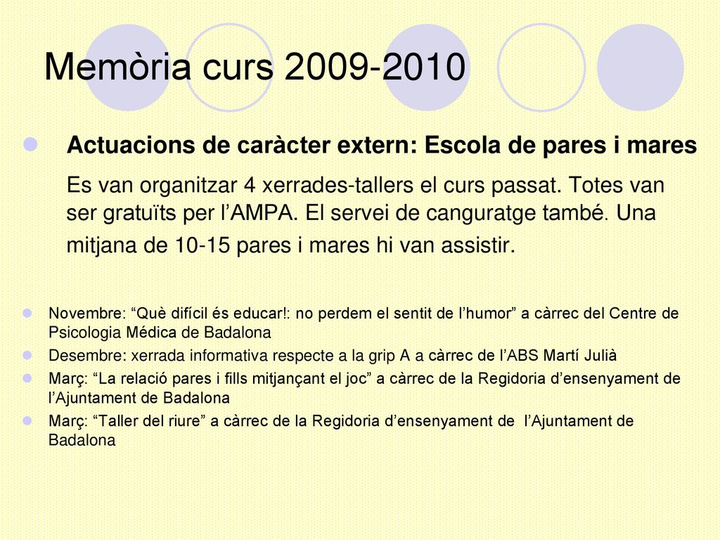 Memòria curs Actuacions de caràcter extern: Escola de pares i mares.