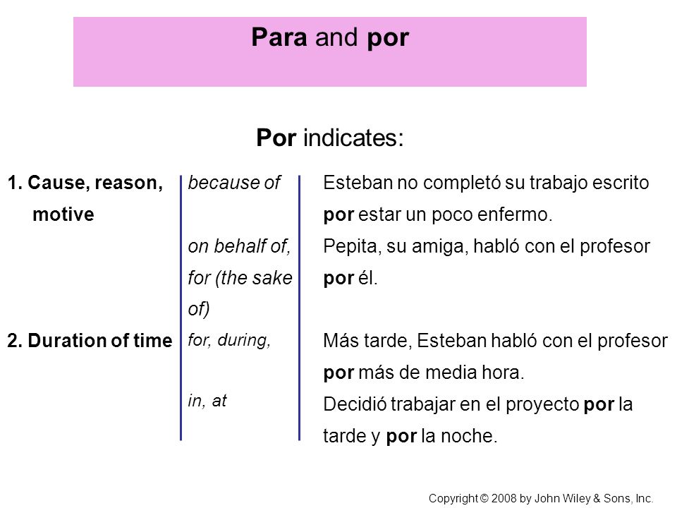 Para and por Por indicates: 1. Cause, reason, motive
