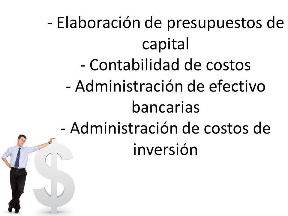 - Elaboración de presupuestos de capital - Contabilidad de costos - Administración de efectivo bancarias - Administración de costos de inversión