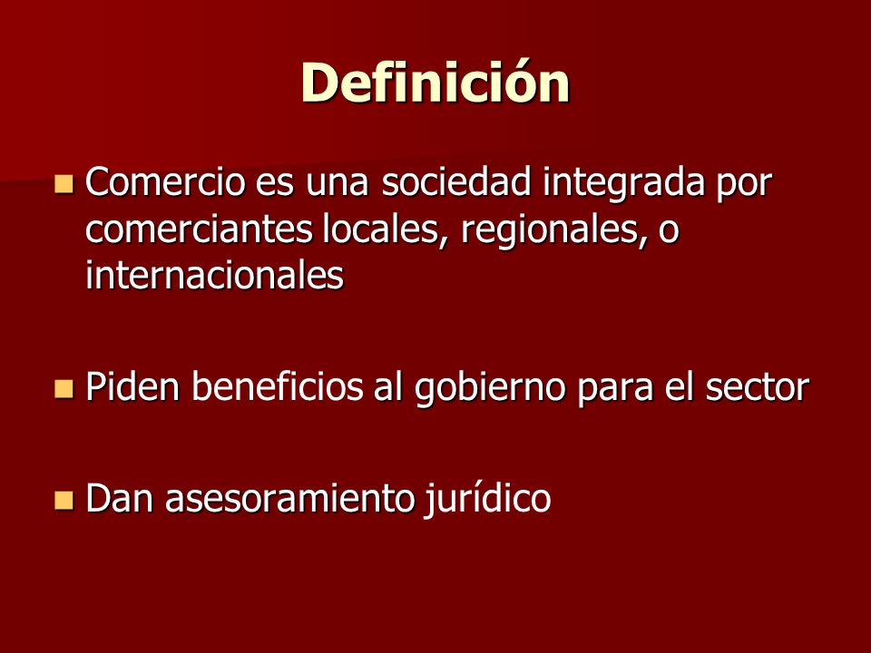 Definición Comercio es una sociedad integrada por comerciantes locales, regionales, o internacionales.