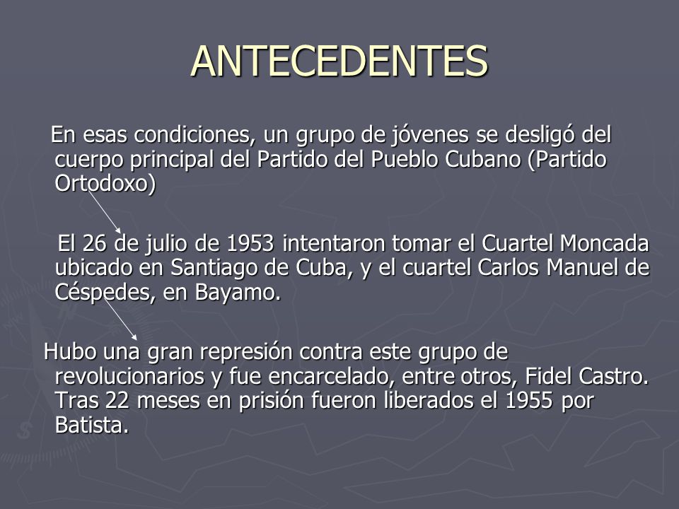 ANTECEDENTES En esas condiciones, un grupo de jóvenes se desligó del cuerpo principal del Partido del Pueblo Cubano (Partido Ortodoxo)