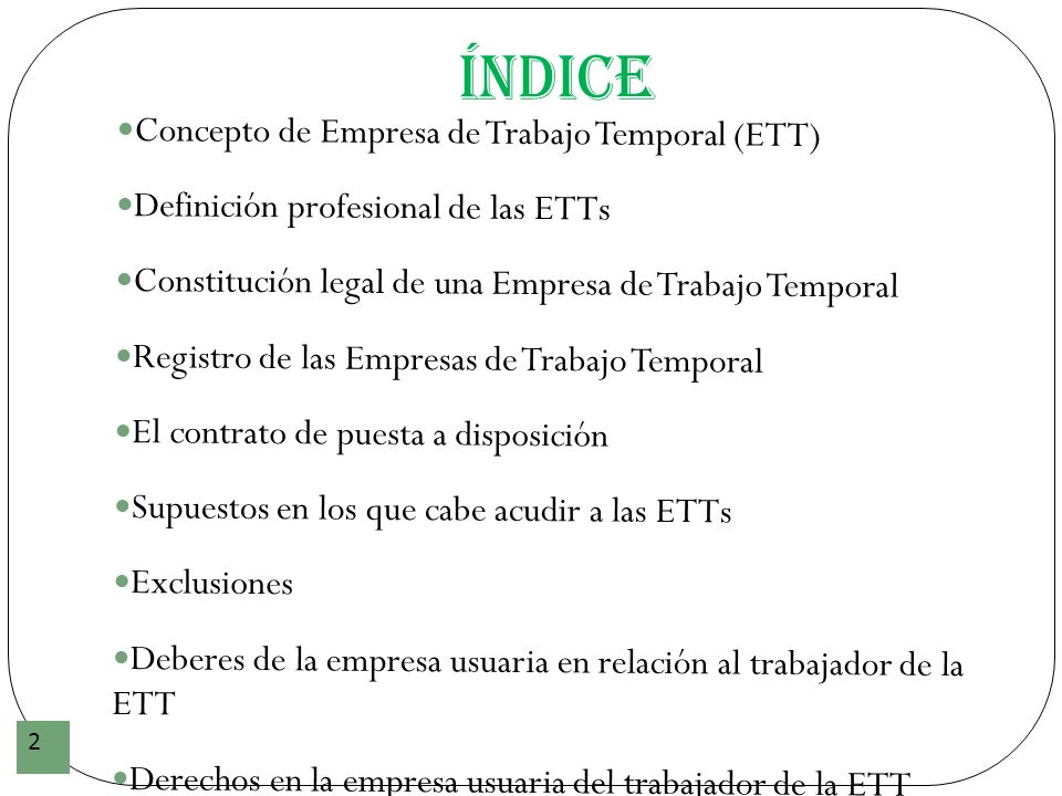 Índice Concepto de Empresa de Trabajo Temporal (ETT)