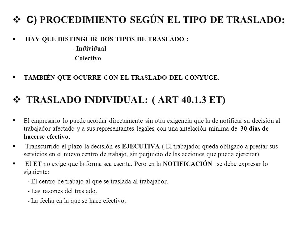 C) PROCEDIMIENTO SEGÚN EL TIPO DE TRASLADO: