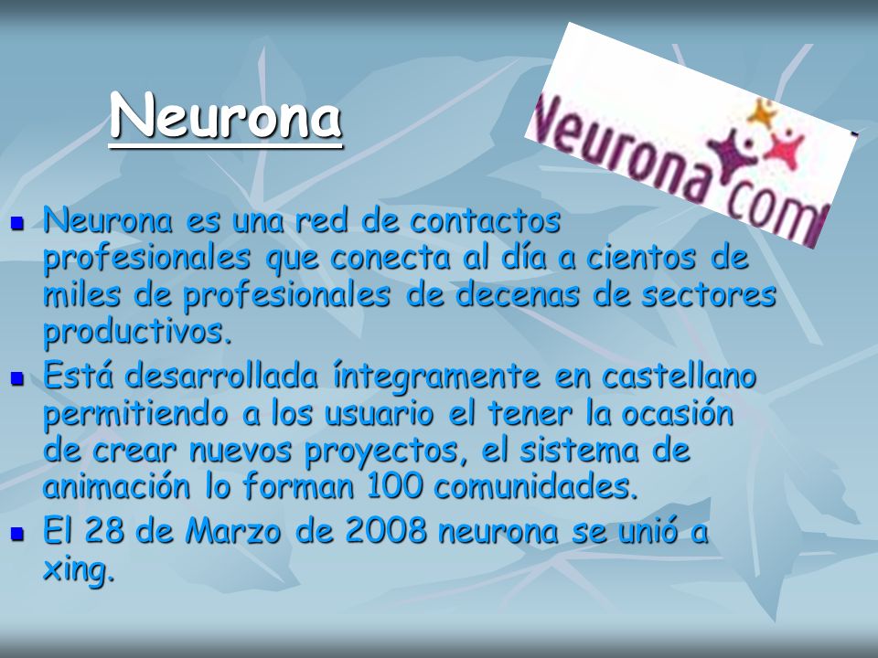 Neurona Neurona es una red de contactos profesionales que conecta al día a cientos de miles de profesionales de decenas de sectores productivos.