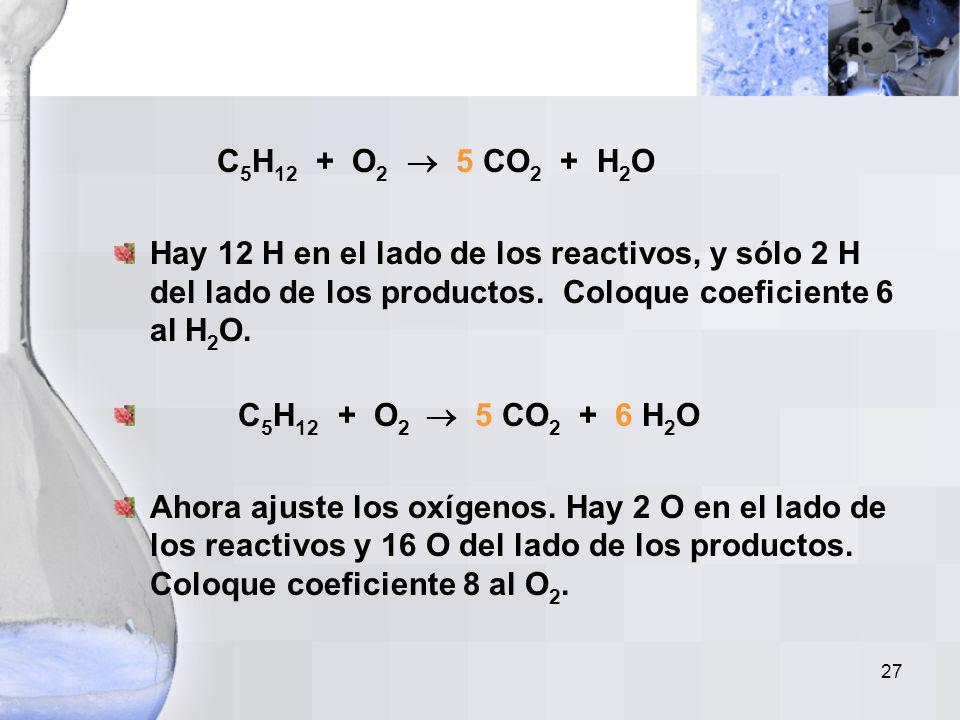 C5H12 + O2  5 CO2 + H2O Hay 12 H en el lado de los reactivos, y sólo 2 H del lado de los productos. Coloque coeficiente 6 al H2O.