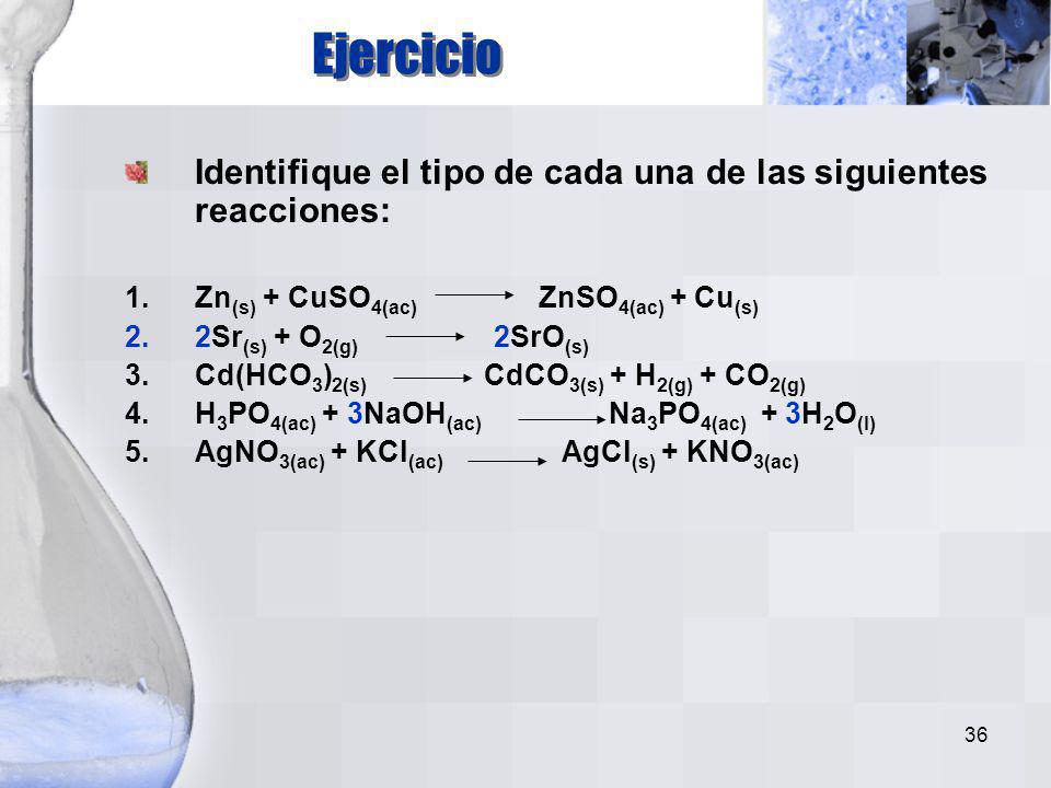 Ejercicio Identifique el tipo de cada una de las siguientes reacciones: Zn(s) + CuSO4(ac) ZnSO4(ac) + Cu(s)