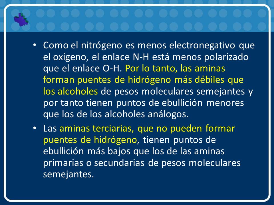 Como el nitrógeno es menos electronegativo que el oxígeno, el enlace N-H está menos polarizado que el enlace O-H. Por lo tanto, las aminas forman puentes de hidrógeno más débiles que los alcoholes de pesos moleculares semejantes y por tanto tienen puntos de ebullición menores que los de los alcoholes análogos.
