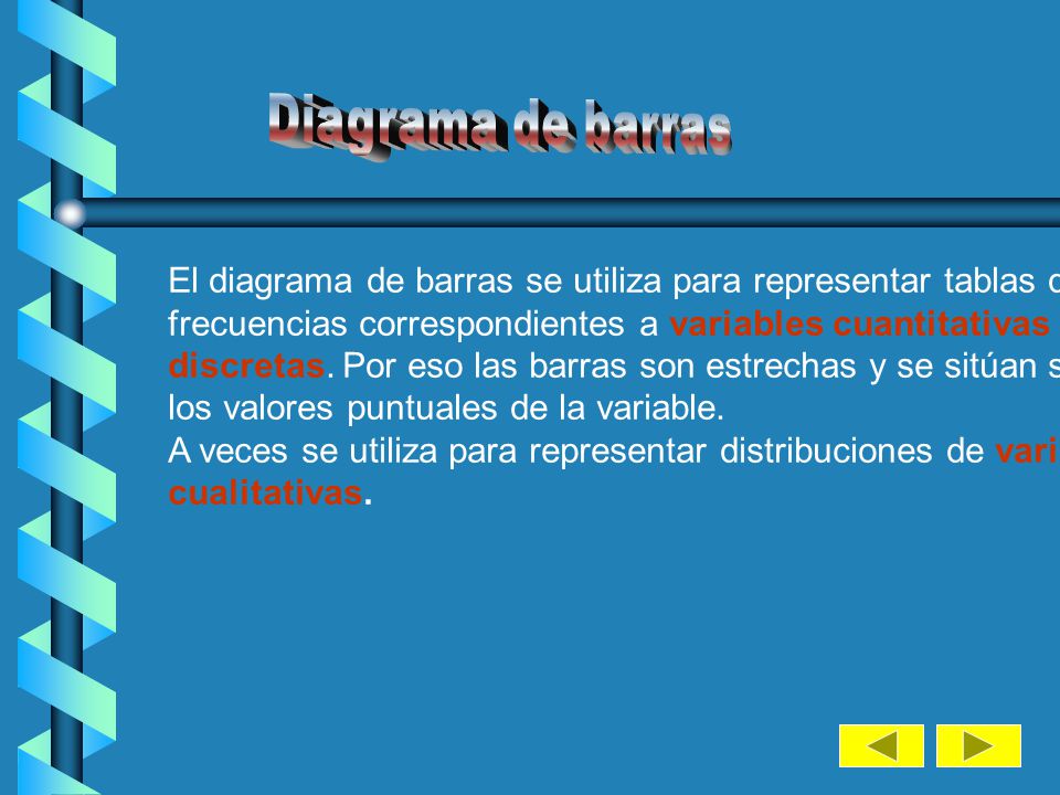 Diagrama de barras El diagrama de barras se utiliza para representar tablas de. frecuencias correspondientes a variables cuantitativas.