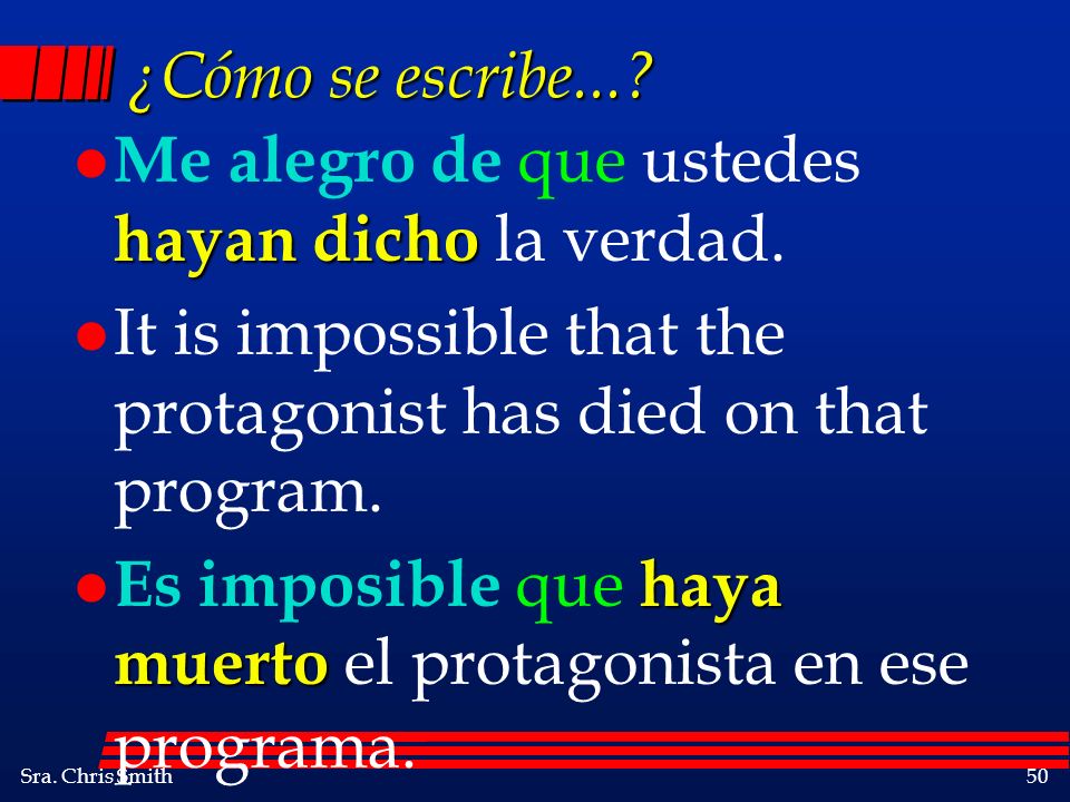 ¿Cómo se escribe... Me alegro de que ustedes hayan dicho la verdad. It is impossible that the protagonist has died on that program.