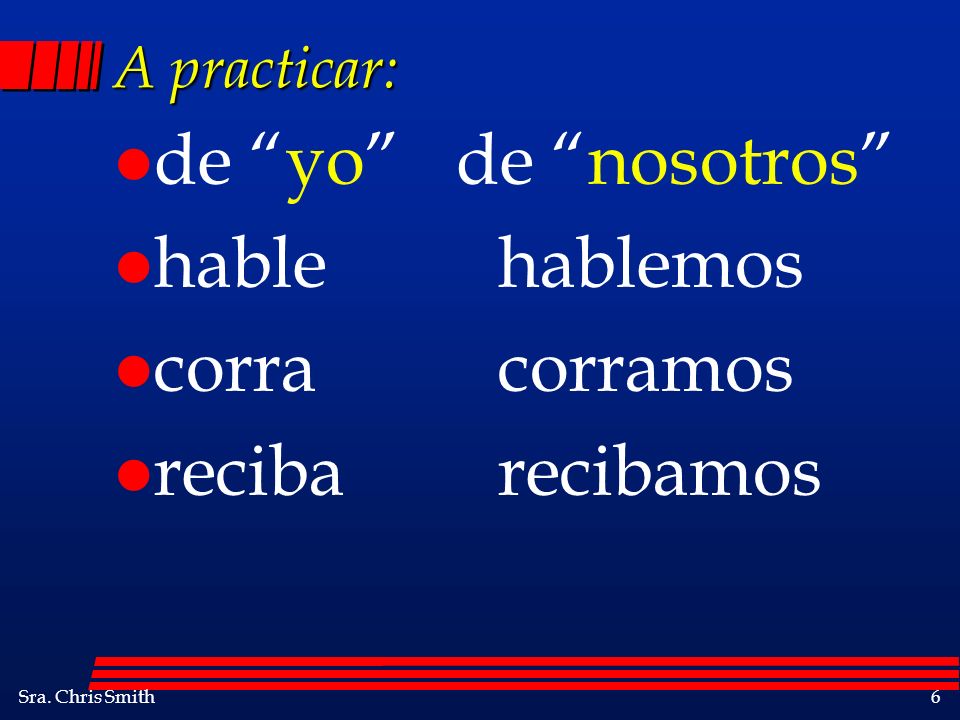 de yo de nosotros hable hablemos corra corramos reciba recibamos