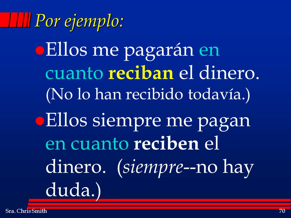 Por ejemplo: Ellos me pagarán en cuanto reciban el dinero. (No lo han recibido todavía.)