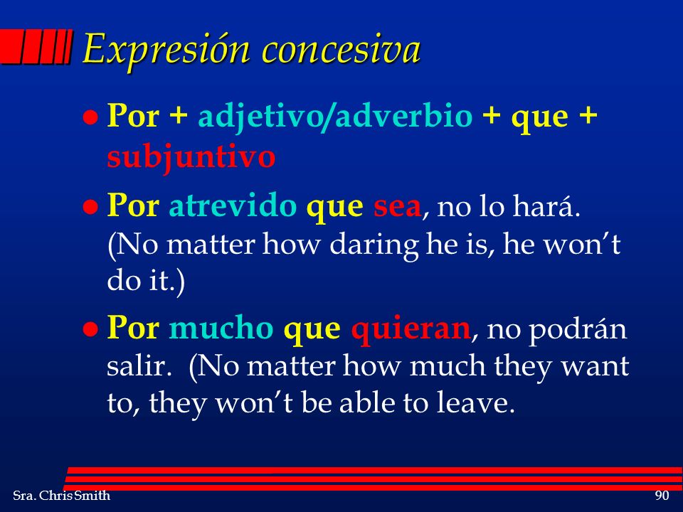Expresión concesiva Por + adjetivo/adverbio + que + subjuntivo