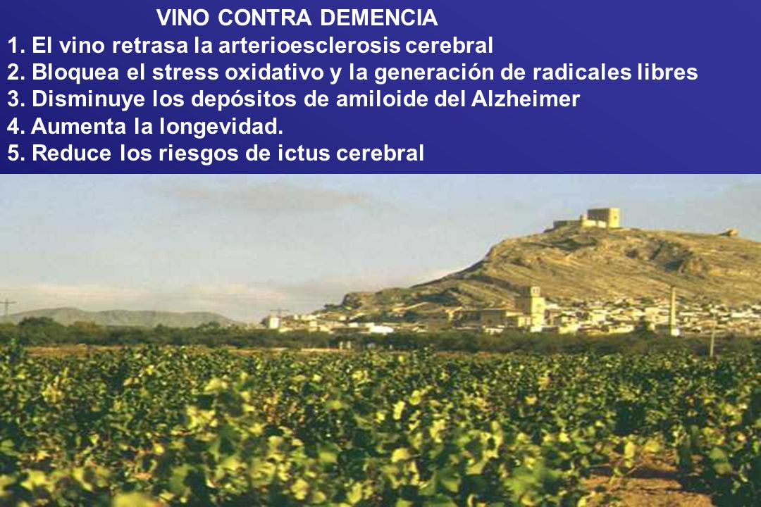 VINO CONTRA DEMENCIA 1. El vino retrasa la arterioesclerosis cerebral. 2. Bloquea el stress oxidativo y la generación de radicales libres.