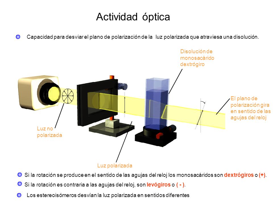 Actividad óptica Capacidad para desviar el plano de polarización de la luz polarizada que atraviesa una disolución.