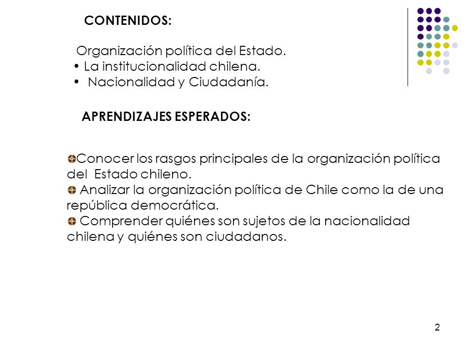 CONTENIDOS: Organización política del Estado. La institucionalidad chilena. Nacionalidad y Ciudadanía.