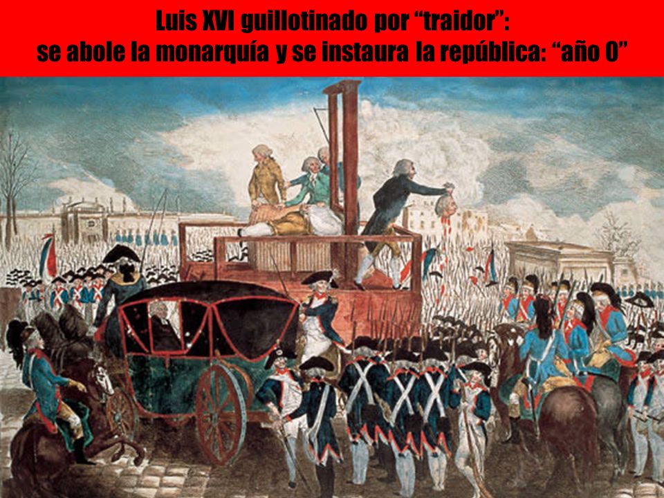 Luis XVI guillotinado por traidor : se abole la monarquía y se instaura la república: año 0