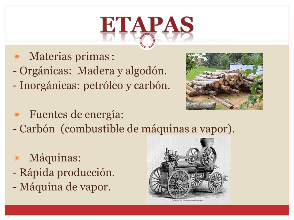 etapas Materias primas : - Orgánicas: Madera y algodón.