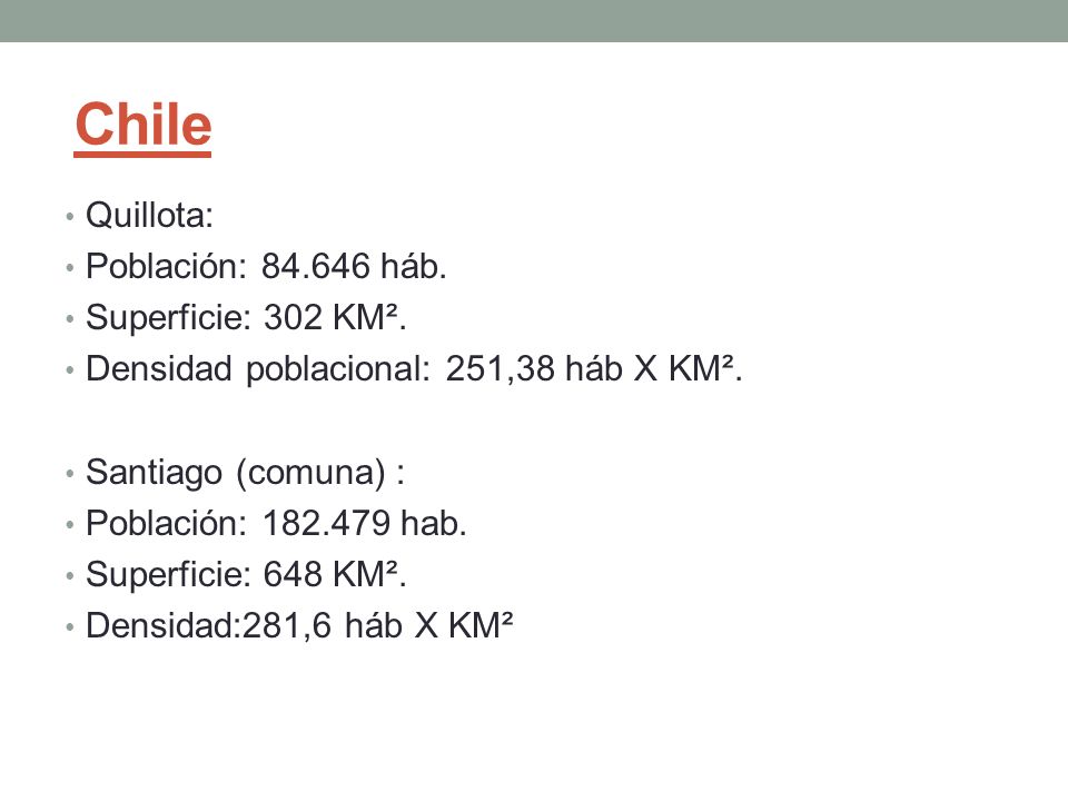 Chile Quillota: Población: háb. Superficie: 302 KM².