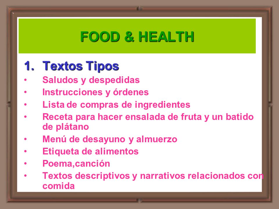 FOOD & HEALTH Textos Tipos Saludos y despedidas