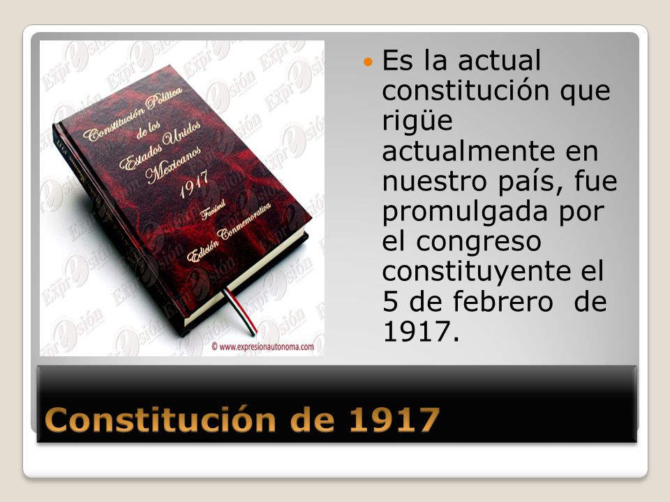 Es la actual constitución que rigüe actualmente en nuestro país, fue promulgada por el congreso constituyente el 5 de febrero de 1917.