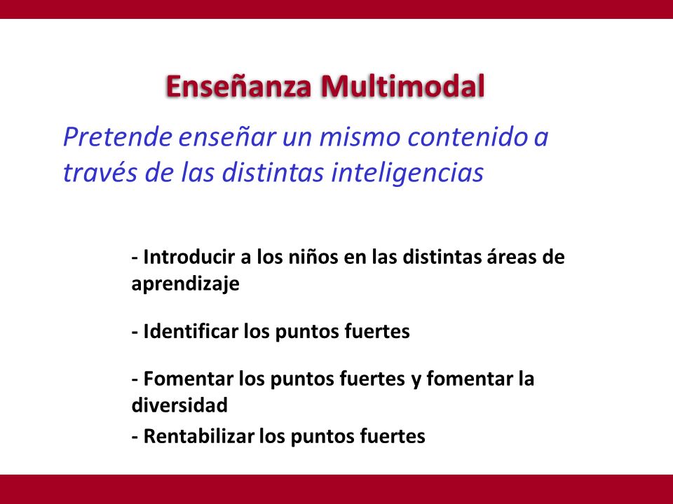 Enseñanza Multimodal Pretende enseñar un mismo contenido a través de las distintas inteligencias.