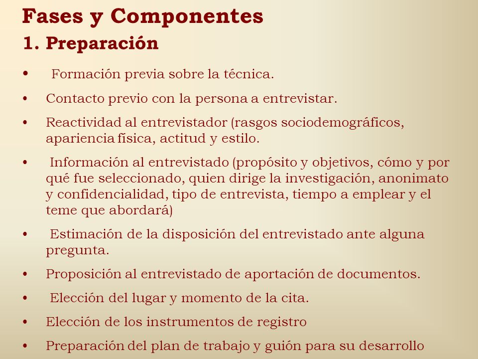 Fases y Componentes Preparación Formación previa sobre la técnica.