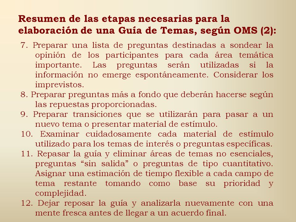 Resumen de las etapas necesarias para la elaboración de una Guía de Temas, según OMS (2):