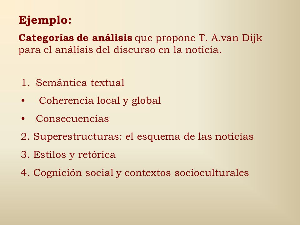Ejemplo: Categorías de análisis que propone T. A.van Dijk para el análisis del discurso en la noticia.