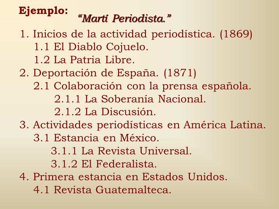 Ejemplo: Martí Periodista. 1. Inicios de la actividad periodística. (1869) 1.1 El Diablo Cojuelo.
